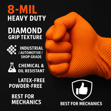 AroCare 8 Mil Orange Nitrile Gloves, Diamond Grip, Powder-Free, Latex-Free, Large, 100/Box
