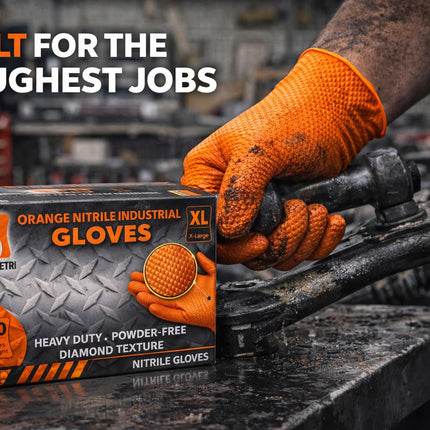 AroCare 8 Mil Orange Nitrile Gloves, Diamond Grip, Powder-Free, Latex-Free, Medium, 1000/Case
