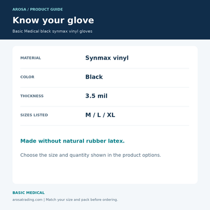 Basic Medical black synmax vinyl gloves: specifications infographic