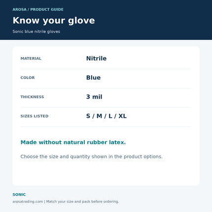 Sonic blue nitrile gloves: specifications infographic