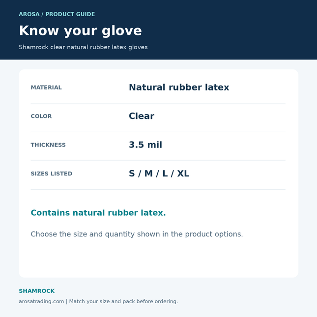 Shamrock clear natural rubber latex gloves: specifications infographic
