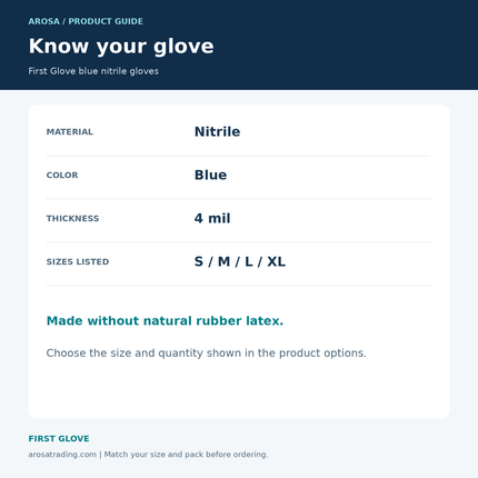 First Glove blue nitrile gloves: specifications infographic