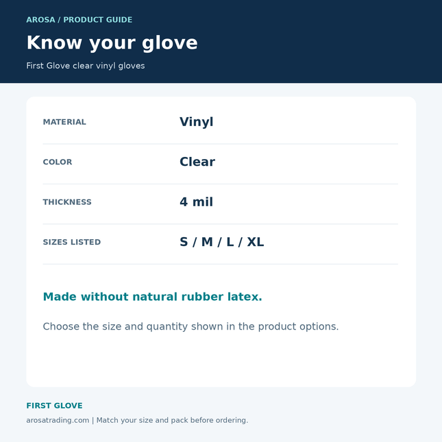 First Glove clear vinyl gloves: specifications infographic