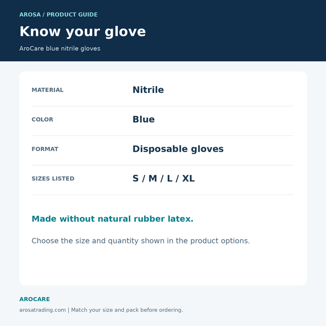 AroCare blue nitrile gloves: specifications infographic