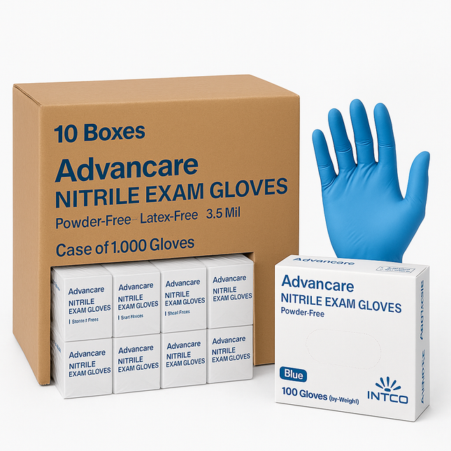 Advancare Nitrile Exam Gloves – Blue, 3.5 Mil, Powder-Free, Latex-Free – Case of 1,000 (10 Boxes) – INTCO Medical