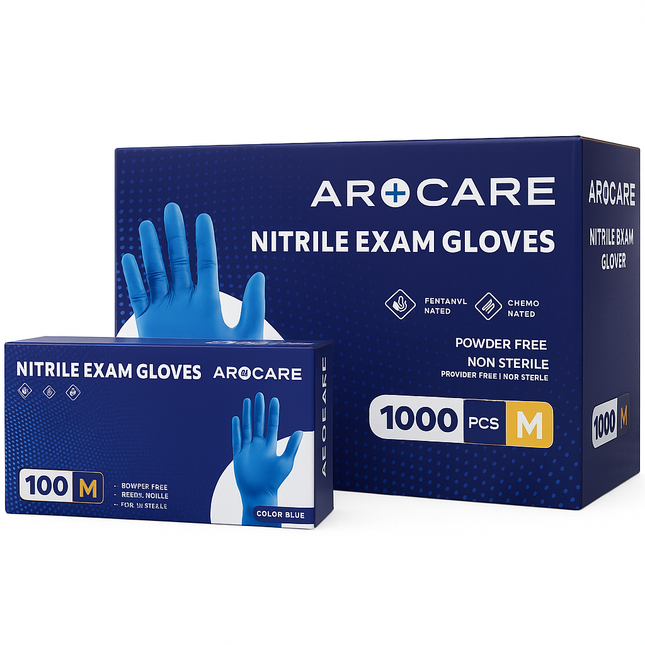 Arocare™ 3.5g Blue Nitrile Exam Gloves — Chemo & Fentanyl Rated — 100/Box, 1000/Case — Made in Malaysia