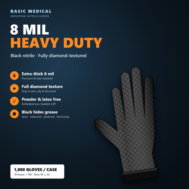 Basic Medical 8 mil black heavy-duty nitrile glove with full diamond texture, 1,000 gloves per case